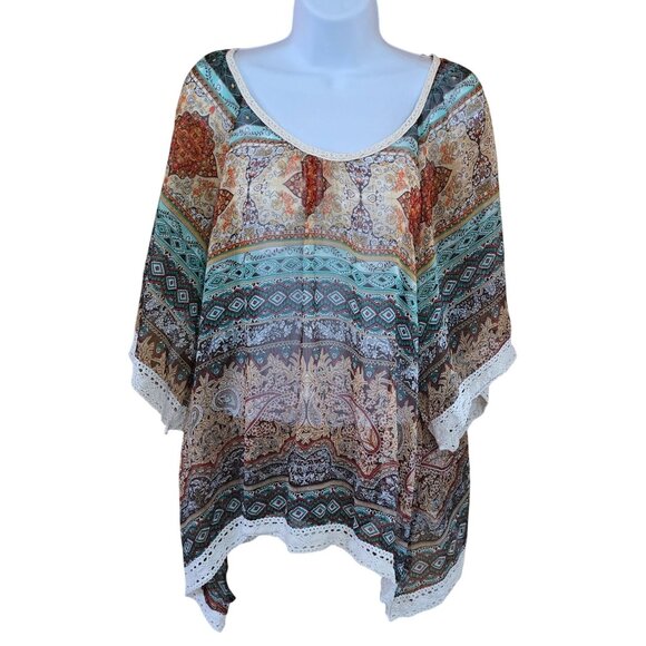 Boho Chiffon Poncho Top By NY Collection Size L peasant cottagecore colorful - Picture 1 of 5